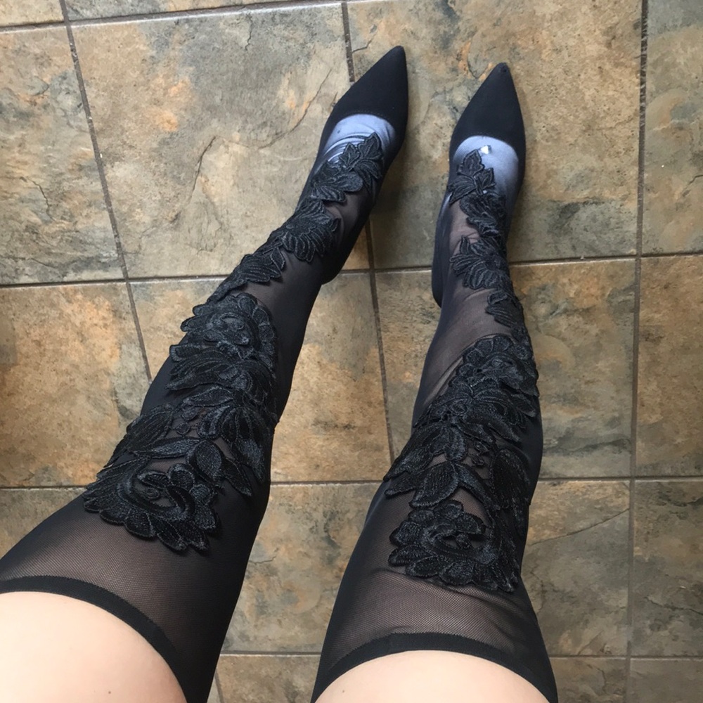 Black mesh flower embroidered Thigh high sock boot